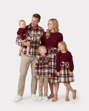 Family Matching Solid Ribbed Spliced Plaid Belted Dresses and Long-sleeve Button Up Shirts Sets MAROON