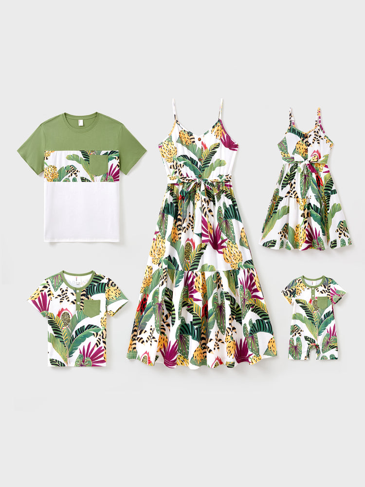 Daddy and Me Family Matching Tropical Floral Print Short-sleeve Top or Camisole Dress Set Multi-color