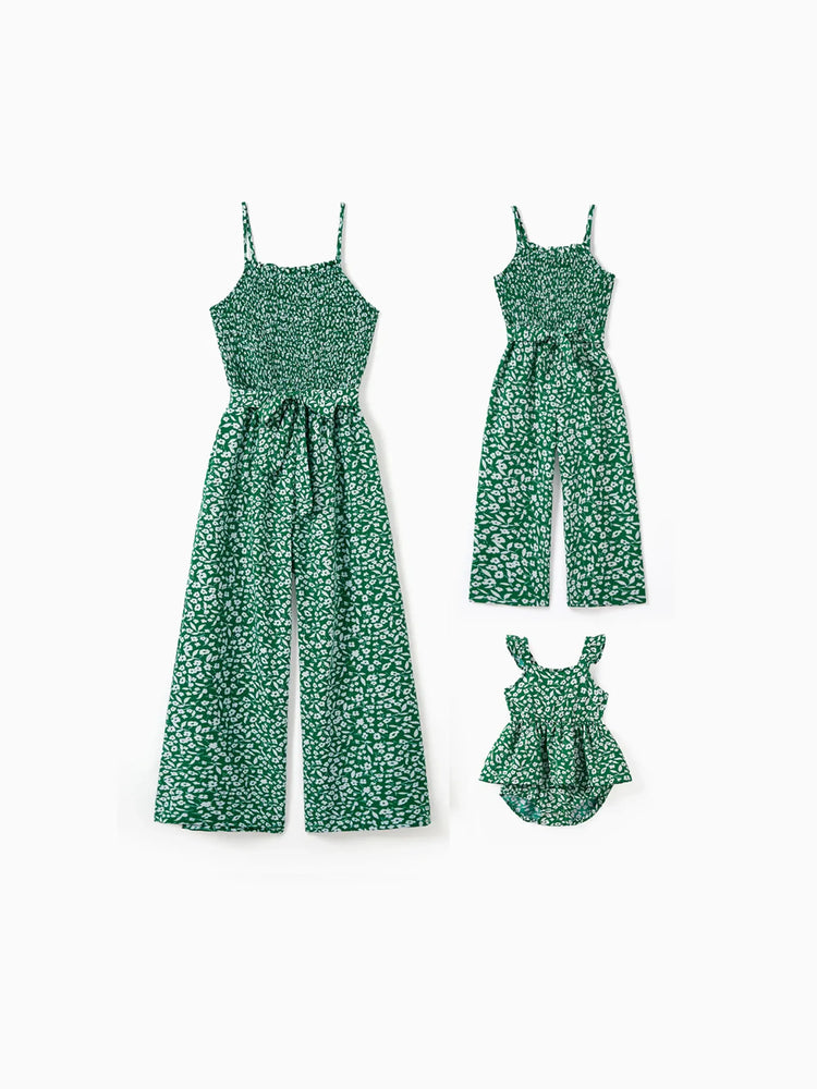 Toddler/Kid Girl Floral Print Green Smocked Strap Jumpsuits Green