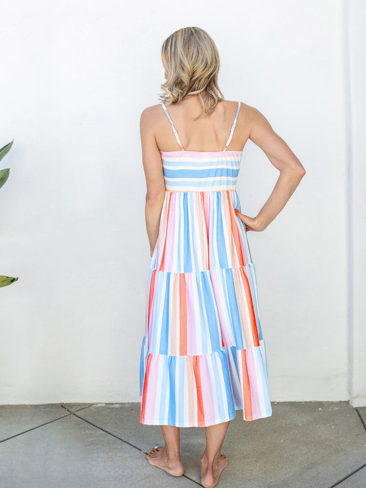 Mommy and Me Family Matching Blue Short-sleeve Tee or Colorful Stripe Camisole Dress Multi-color