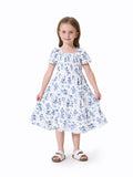 Toddler/Kid Girl Floral Smocking Shirred Casual Dress BLUEWHITE