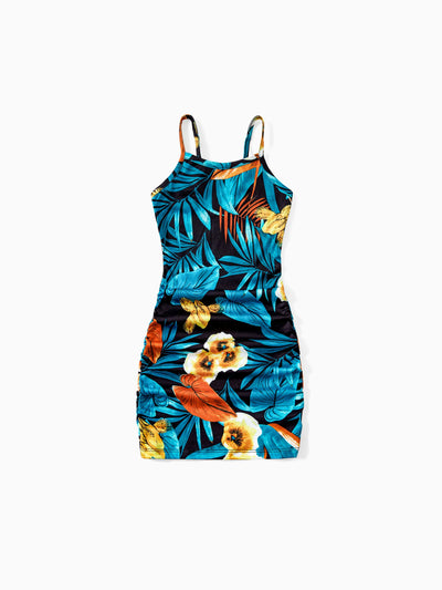 Toddler/Kid Girl Floral Panel T-shirt and Floral Ruched Drawstring Side Strap Dress Sets Black