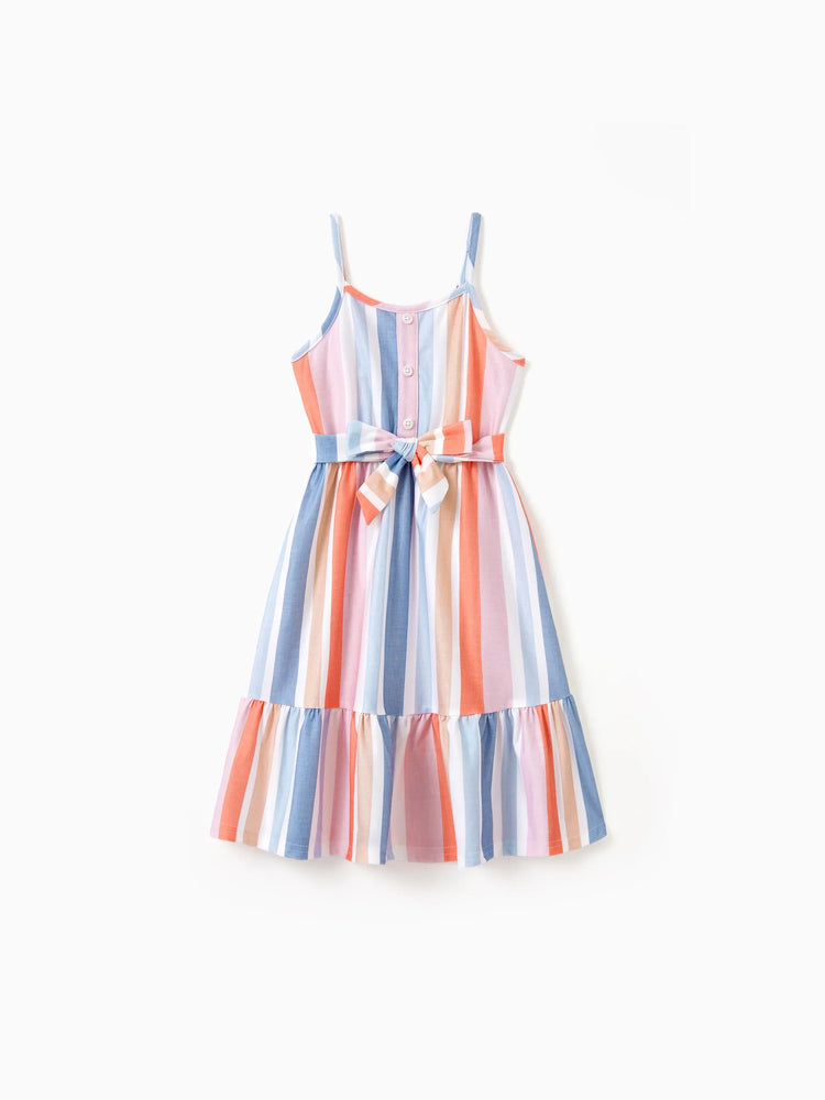 Toddler/Kid Girl Colorful Stripe Camisole Belt Dress Multi-color