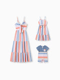 Mommy and Me Family Matching Blue Short-sleeve Tee or Colorful Stripe Camisole Dress Multi-color