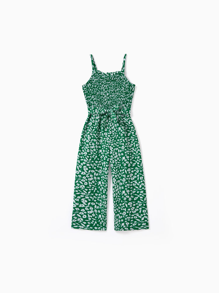 Toddler/Kid Girl Floral Print Green Smocked Strap Jumpsuits Green