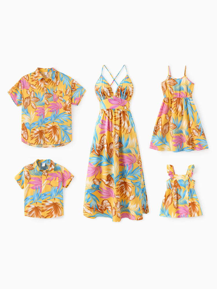 Daddy and Me Family Matching Yellow Set Tropical Leaf Print Short-sleeve Shirt or Strap Dress  Yellow
