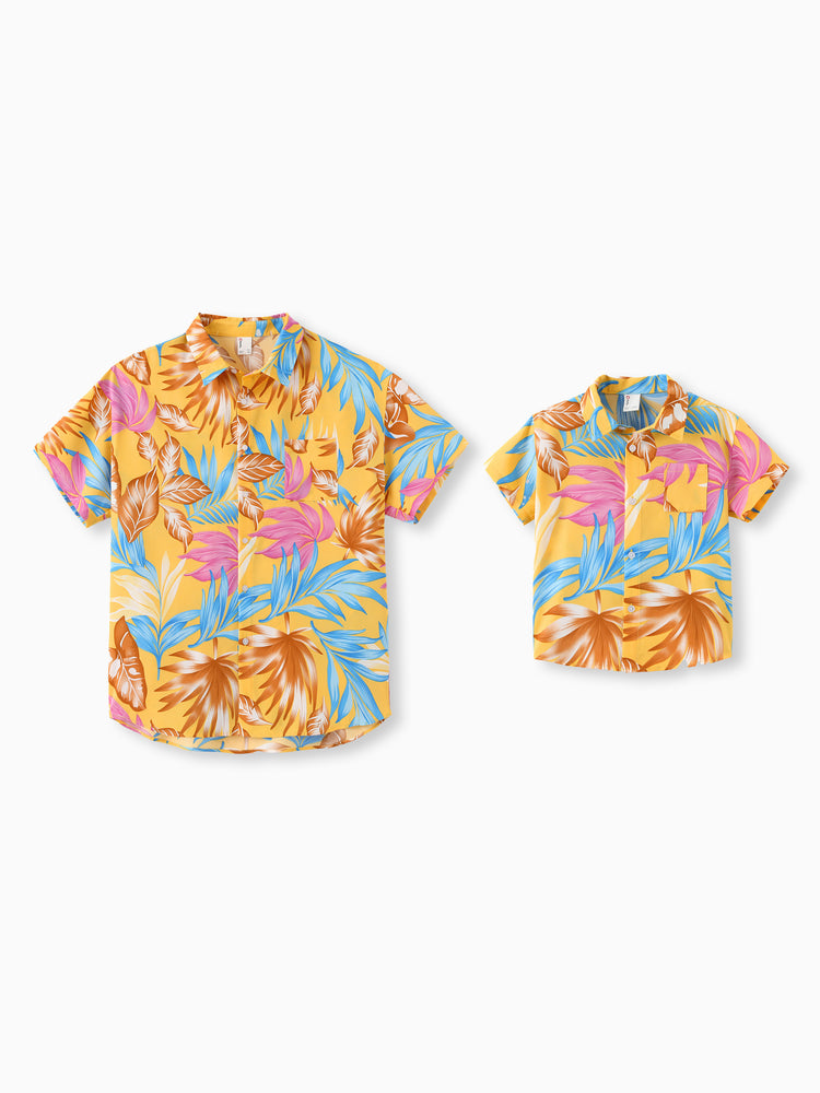 Daddy and Me Family Matching Yellow Set Tropical Leaf Print Short-sleeve Shirt or Strap Dress  Yellow