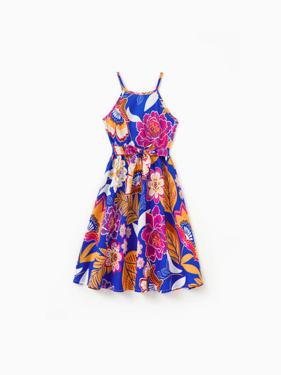 Toddler/Kid Girl Hawaiian Outfits Tropical Floral Print Vacation Clothes Strap Belted Dress Summer Beachwear Set Navy