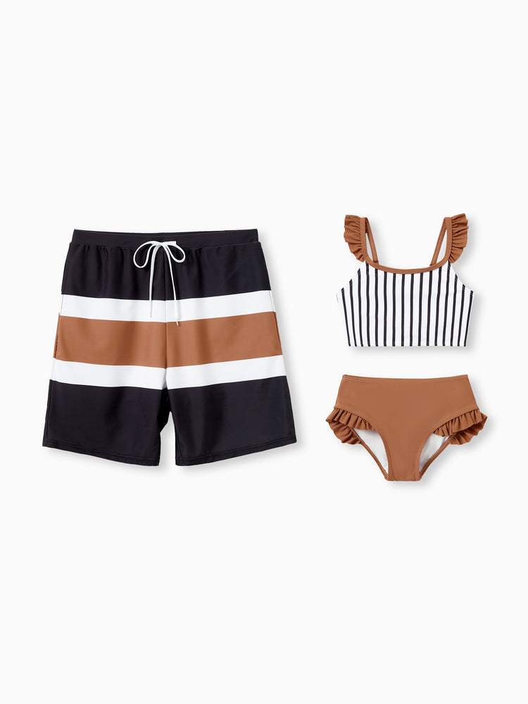 Daddy & Daughter Color Block Swimsuits Striped Bikini & Swim Trunks Set Color block