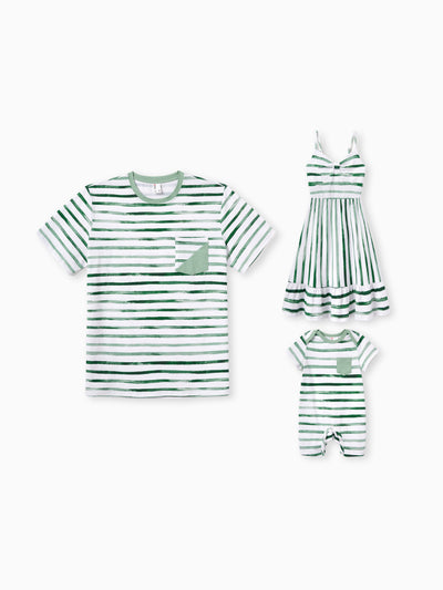 Daddy & Daughter Cotton Outfits Set Green Striped T-Shirt and Dress Set for Dad, Mom, Kids & Baby, Perfect for Summer Family Outings & Photos Green
