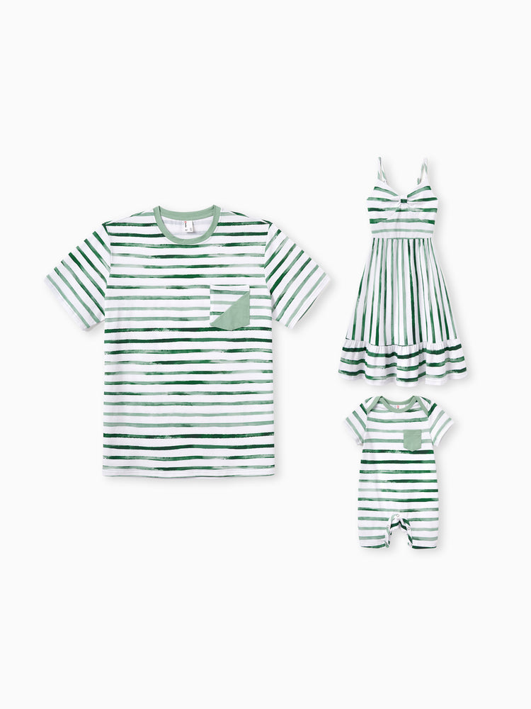 Daddy & Daughter Cotton Outfits Set Green Striped T-Shirt and Dress Set for Dad, Mom, Kids & Baby, Perfect for Summer Family Outings & Photos Green
