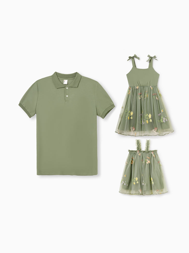 Daddy & Daughter Polo Collar Short-sleeve Shirt or V-neck Strappy Mesh Dress Green