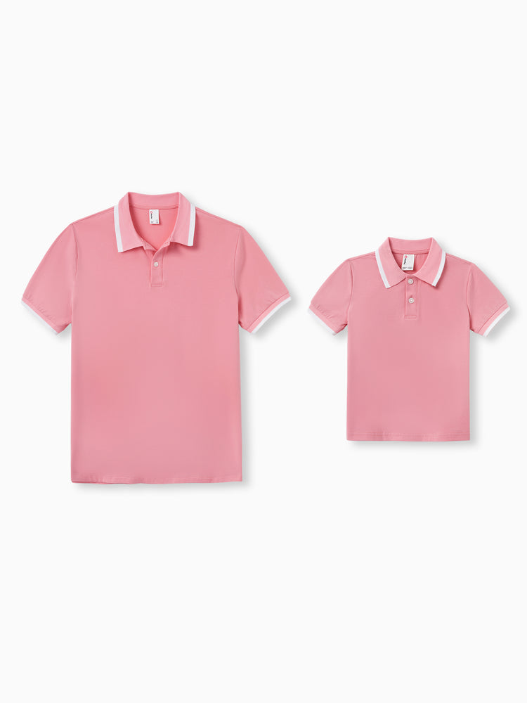 Daddy and Me Family Matching Outfits Set Solid Color Short-sleeve Polo Collar Shirt or Flower Print Hollow out Dress  Pink