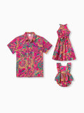 Daddy & Daughter Outfit Set Sleeveless Halter Belted Dress or Short-sleeve Collar Shirt   for Summer Vacation Hot Pink