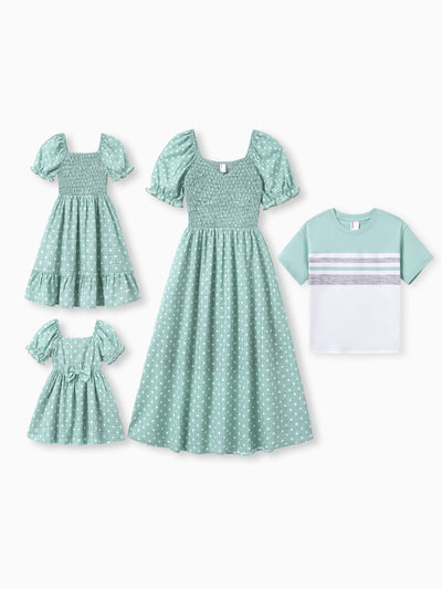 Mommy & me T-Shirt & Dress Set Polka Dot Puff-sleeve Dress for Mom, Daughter & Baby, Color Block Cotton Tee for Dad & Son, Perfect for Family Outings & Photos Light Green