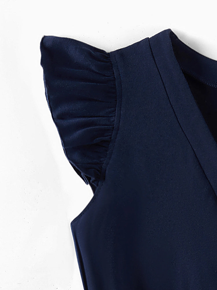 Mommy and Me Family Matching Casual Dress or T-Shirt, Solid Color, Fabric Stitching royalblue