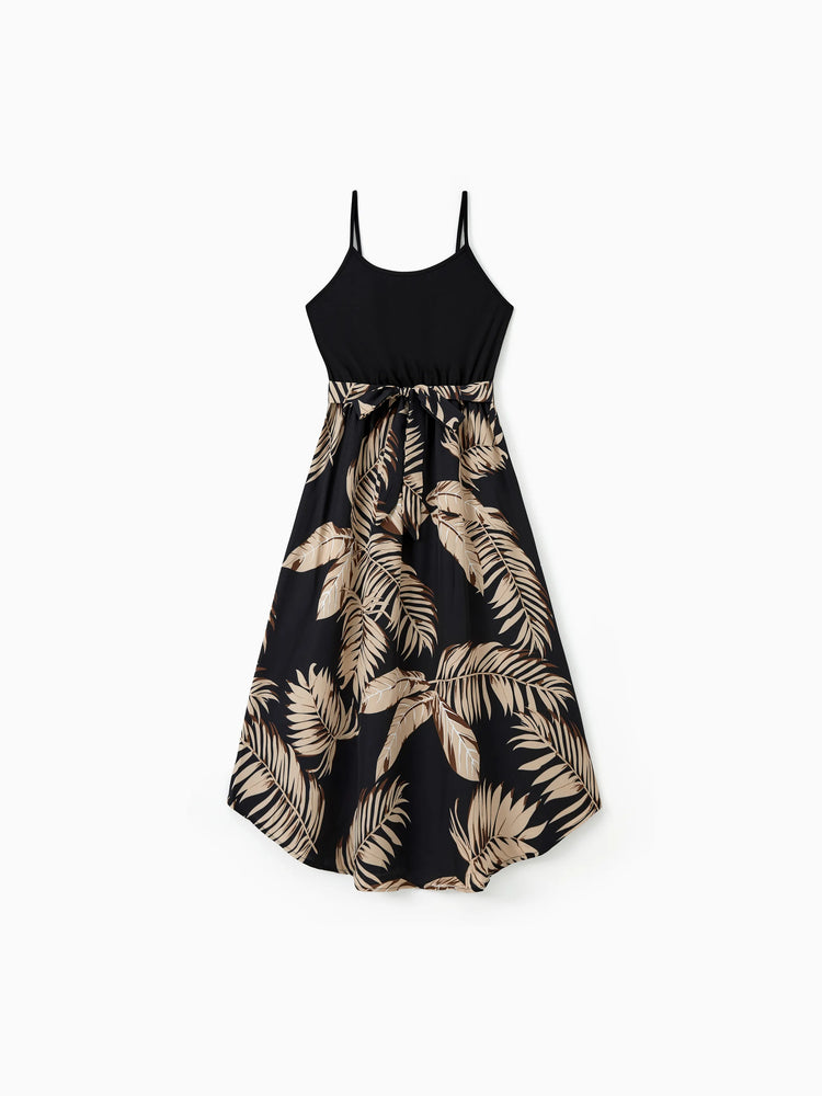 Mommy and Me Family Matching Floral Print Belted Cami Dresses And Solid Short Sleeve Tops Sets Black