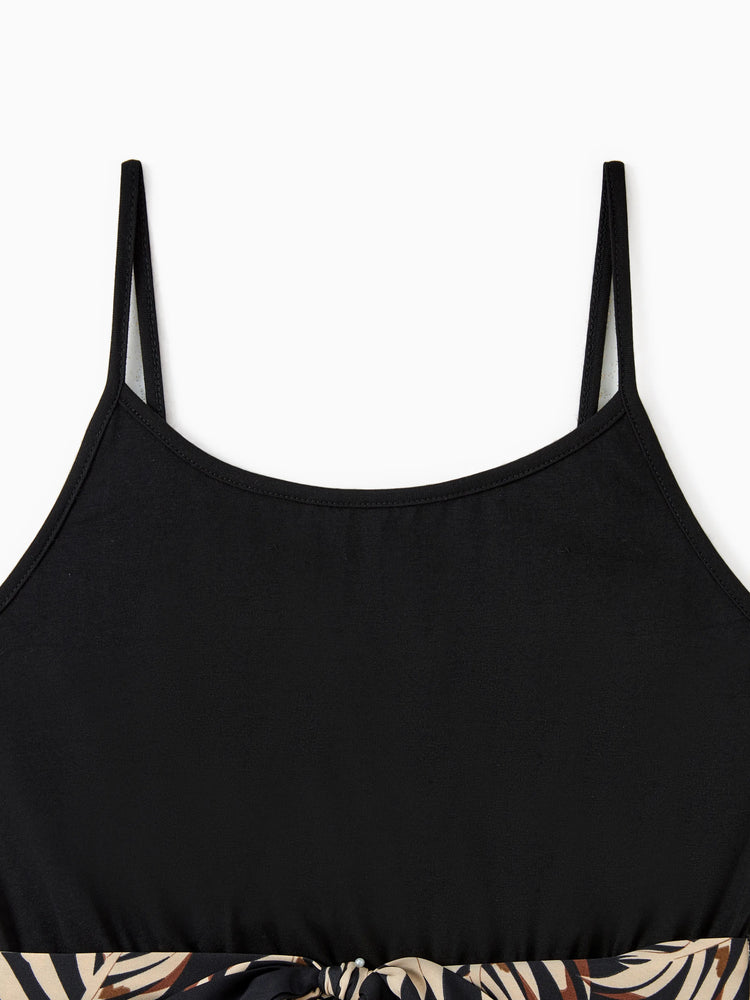 Mommy and Me Family Matching Floral Print Belted Cami Dresses And Solid Short Sleeve Tops Sets Black