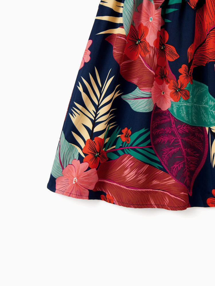 Mommy and Me Family Matching Sets Floral Panel Black tee and V-neck Strap Dress with Hidden Snap  Deep Blue