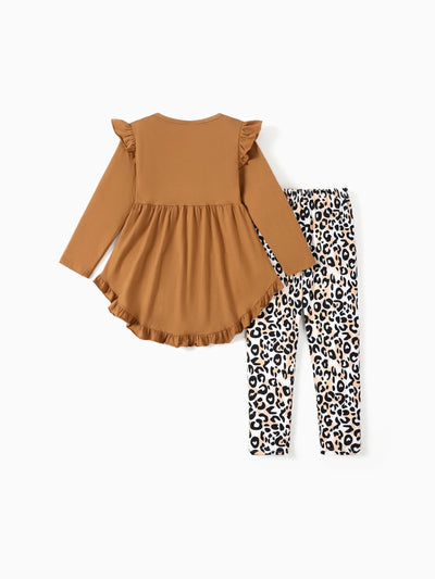 2-piece Kid Girl Bowknot Ruffled Long-sleeves Tee and Flower Allover Print Pants Brown