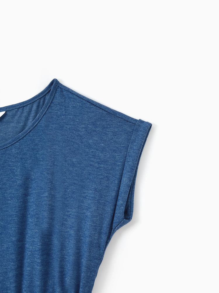 Mommy and Me Family Matching Soft Casual Outfit with Below Knee Dresses, Front Buttons, Belted Design Blue