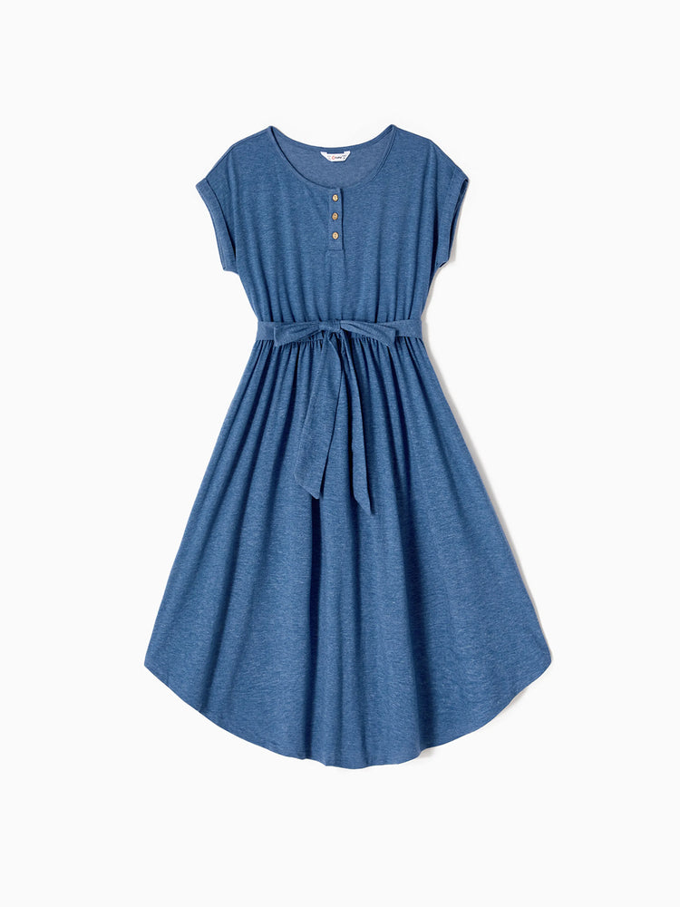 Mommy and Me Family Matching Soft Casual Outfit with Below Knee Dresses, Front Buttons, Belted Design Blue