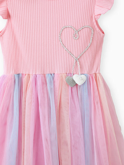 Kid Girl Princess Flutter-sleeve Heart Rainbow Mesh Fairy Dress Pink