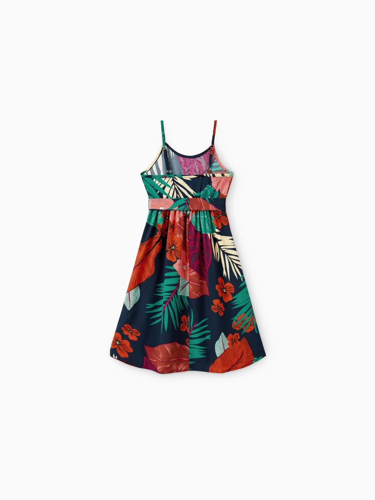 Mommy and Me Family Matching Sets Floral Panel Black tee and V-neck Strap Dress with Hidden Snap  Deep Blue