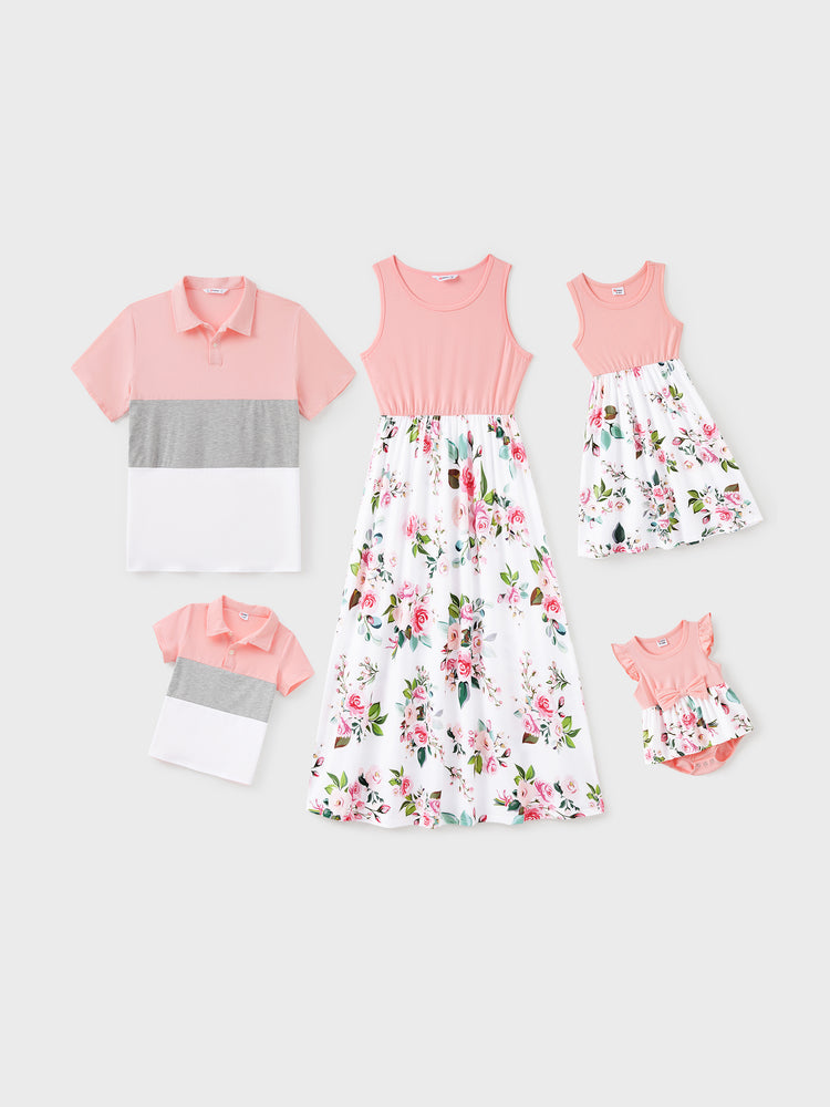 Daddy and Me Family Matching Pink Sleeveless Splicing Floral Print Midi Dresses and Colorblock Short-sleeve Polo Shirts Sets Pink
