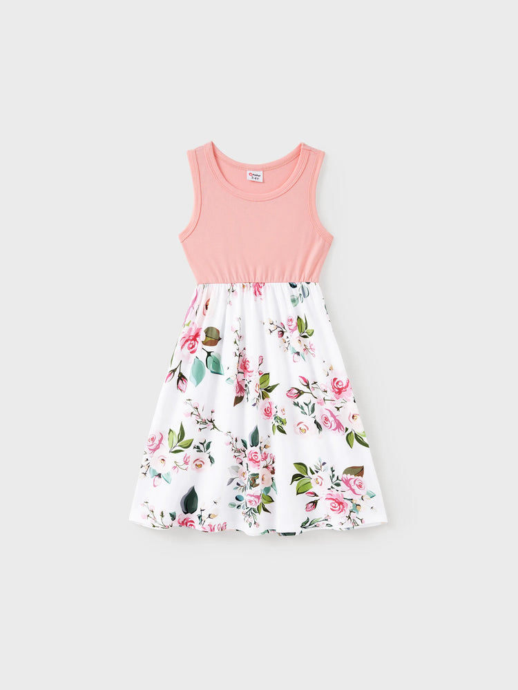 Toddler/Kid Girl Pink Sleeveless Splicing Floral Print Midi Dresses Pink