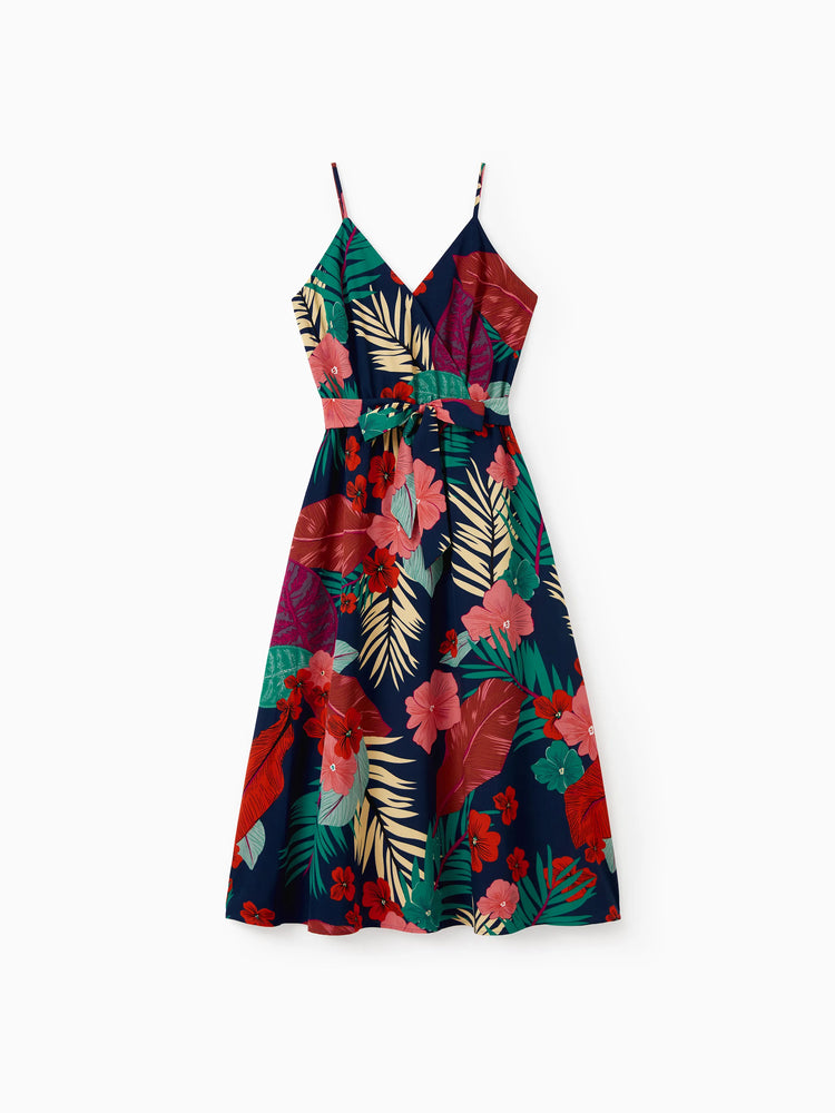 Mommy and Me Family Matching Sets Floral Panel Black tee and V-neck Strap Dress with Hidden Snap  Deep Blue