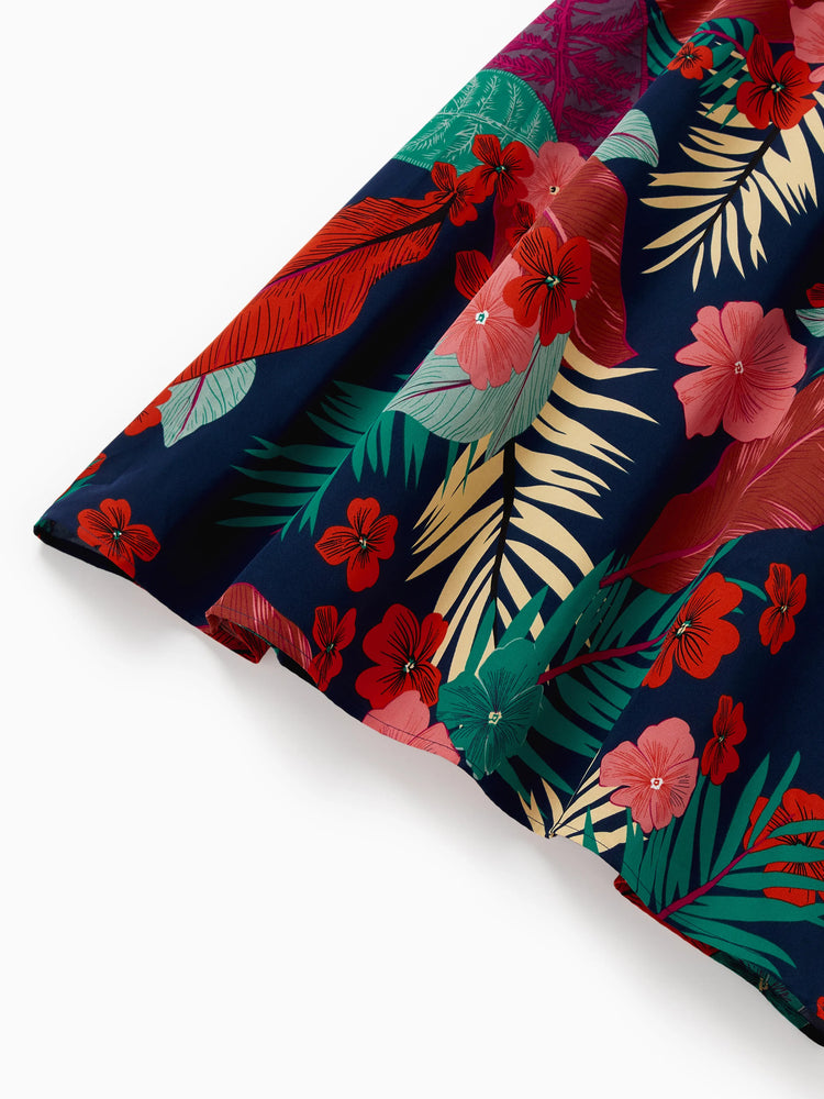 Mommy and Me Family Matching Sets Floral Panel Black tee and V-neck Strap Dress with Hidden Snap  Deep Blue