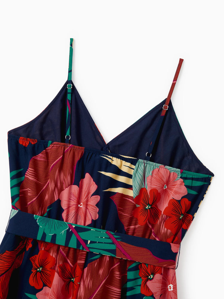 Mommy and Me Family Matching Sets Floral Panel Black tee and V-neck Strap Dress with Hidden Snap  Deep Blue