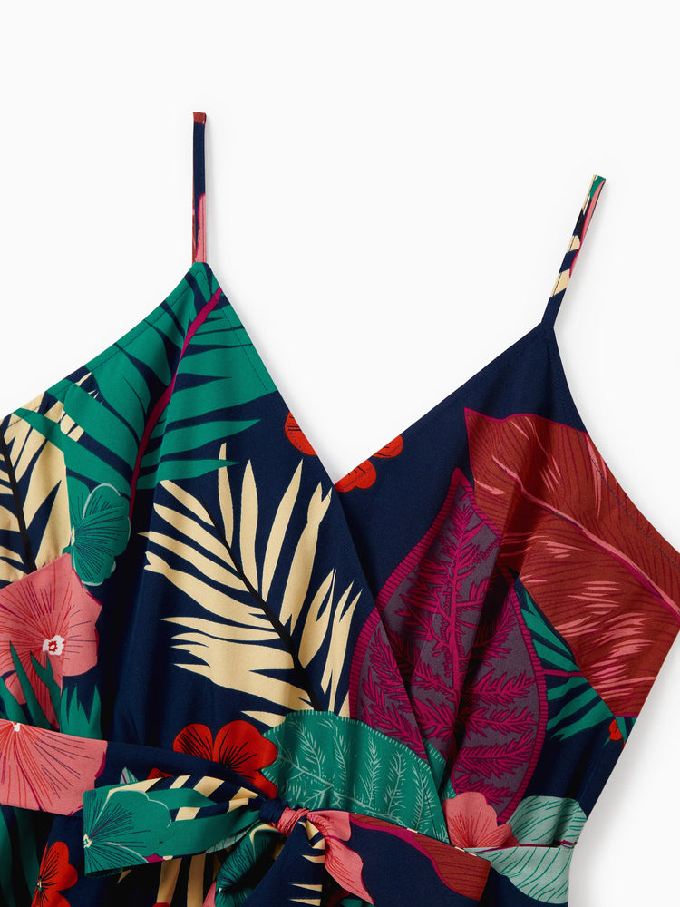 Mommy and Me Family Matching Sets Floral Panel Black tee and V-neck Strap Dress with Hidden Snap  Deep Blue