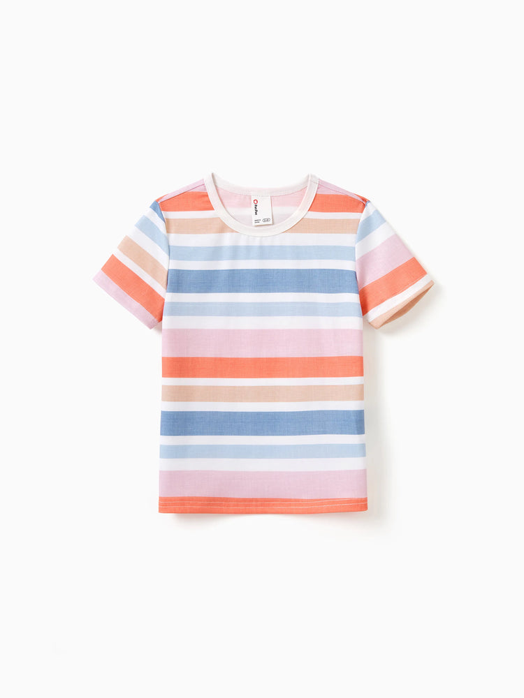 Daddy and Me Family Matching Blue Short-sleeve Tee or Colorful Stripe Camisole Dress Multi-color