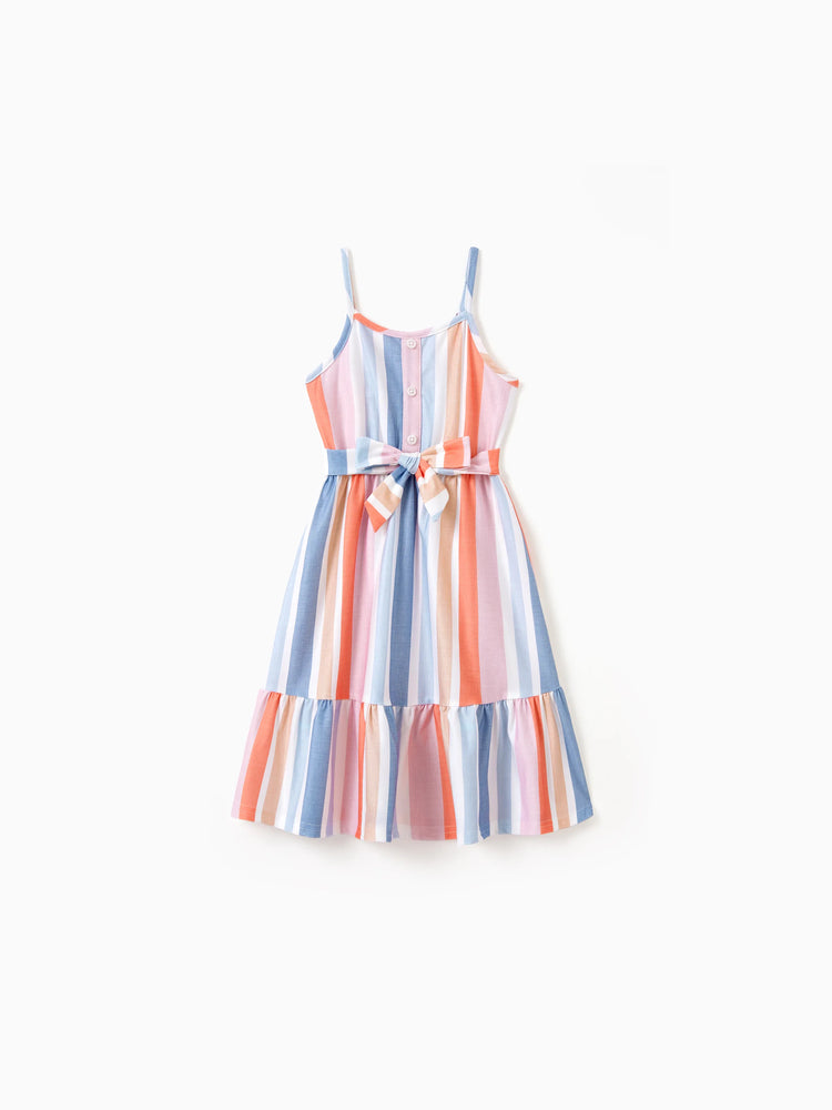 Toddler/Kid Girl Colorful Stripe Camisole Belt Dress Multi-color