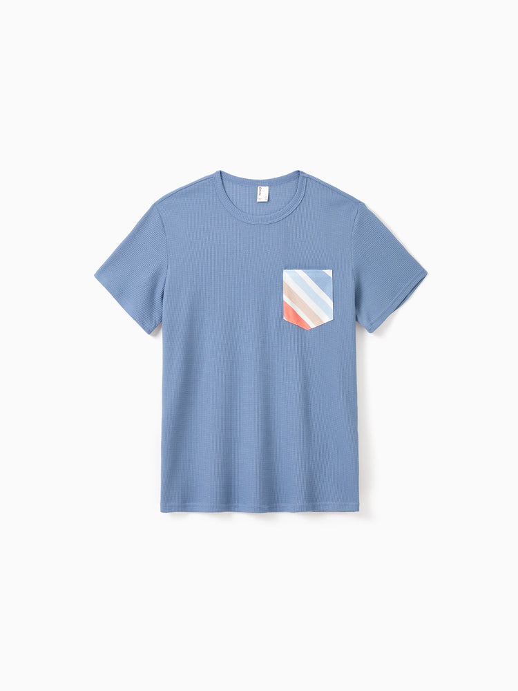 Daddy and Me Family Matching Blue Short-sleeve Tee or Colorful Stripe Camisole Dress Multi-color