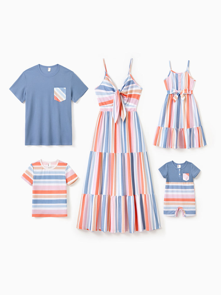 Daddy and Me Family Matching Blue Short-sleeve Tee or Colorful Stripe Camisole Dress Multi-color