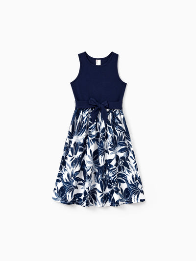Toddler/Kid Girl Flora Print Splicing Tank Dress Deep Blue