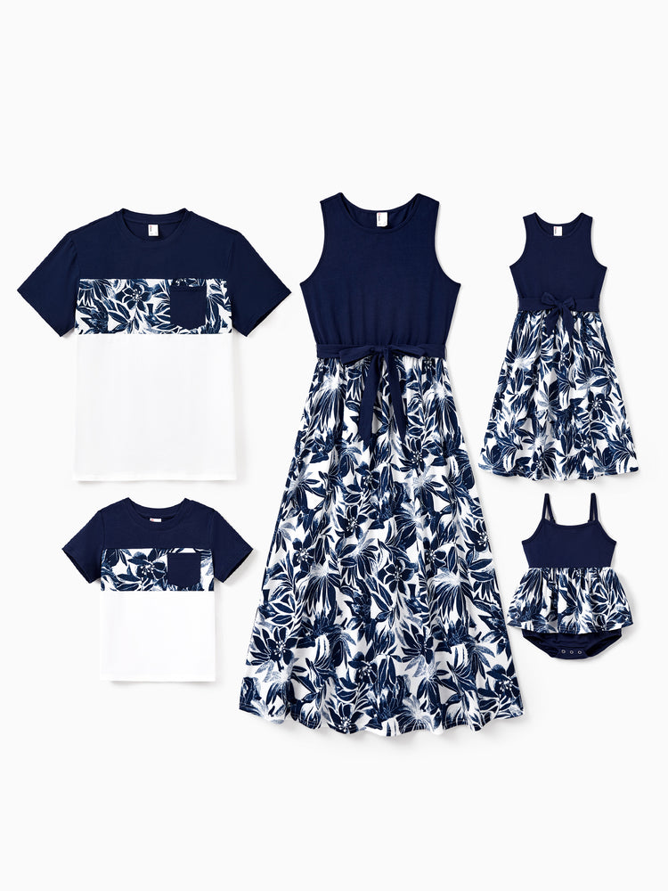 Daddy and Me Family Matching Cotton Tee Flora Print Splicing Shirt or Tank Dress Deep Blue