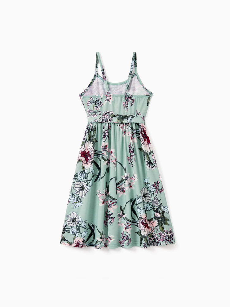 Toddler/Kid Girl Sets Flora Print Strap Belted Dress Light Green