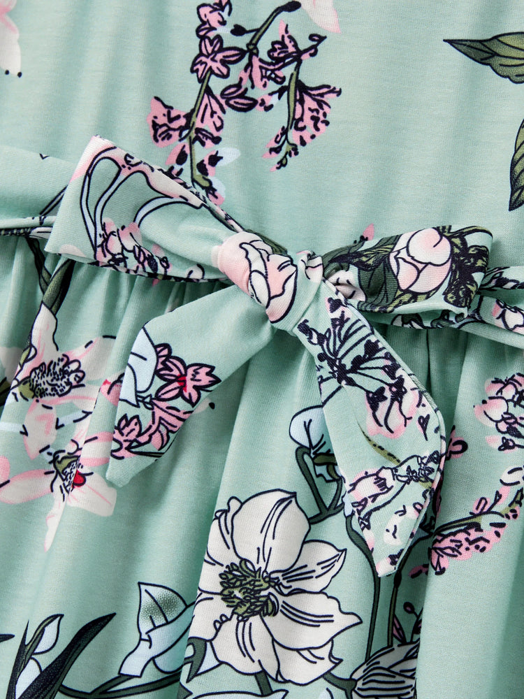 Toddler/Kid Girl Sets Flora Print Strap Belted Dress Light Green