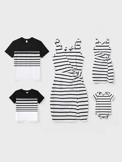 Toddler/Kid Girl Cotton Black and White Stripe Strap Bodycon Dress  Black+White