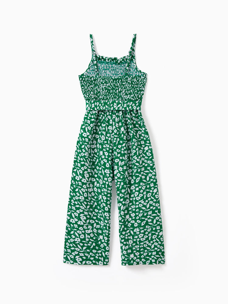 Toddler/Kid Girl Floral Print Green Smocked Strap Jumpsuits Green