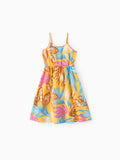 Toddler/Kid Girl Yellow Set Tropical Leaf Print Strap Dress  Yellow
