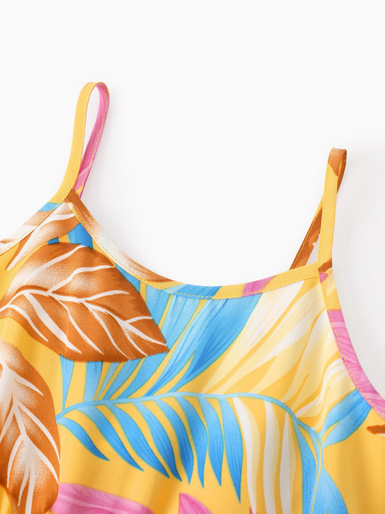 Toddler/Kid Girl Yellow Set Tropical Leaf Print Strap Dress  Yellow