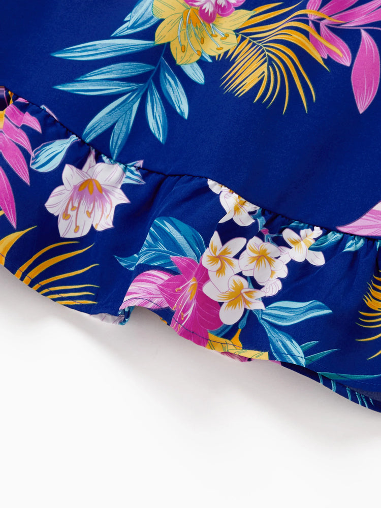 Toddler/Kid Girl Hawaiian Outfits Tropical Floral Print Strap Dress for Vacation  Deep Blue
