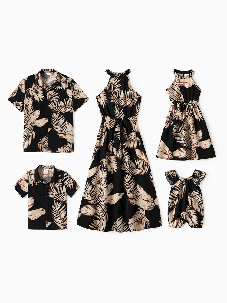 Daddy and Me Family Matching Solid Leaf Sleeveless Halter Dresses And Short Sleeve Tops Sets Black