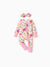 Baby long-sleeve bamboo footed onesie with two-way zipper and anti-slip grips, animal print, includes hairband, dark pink.