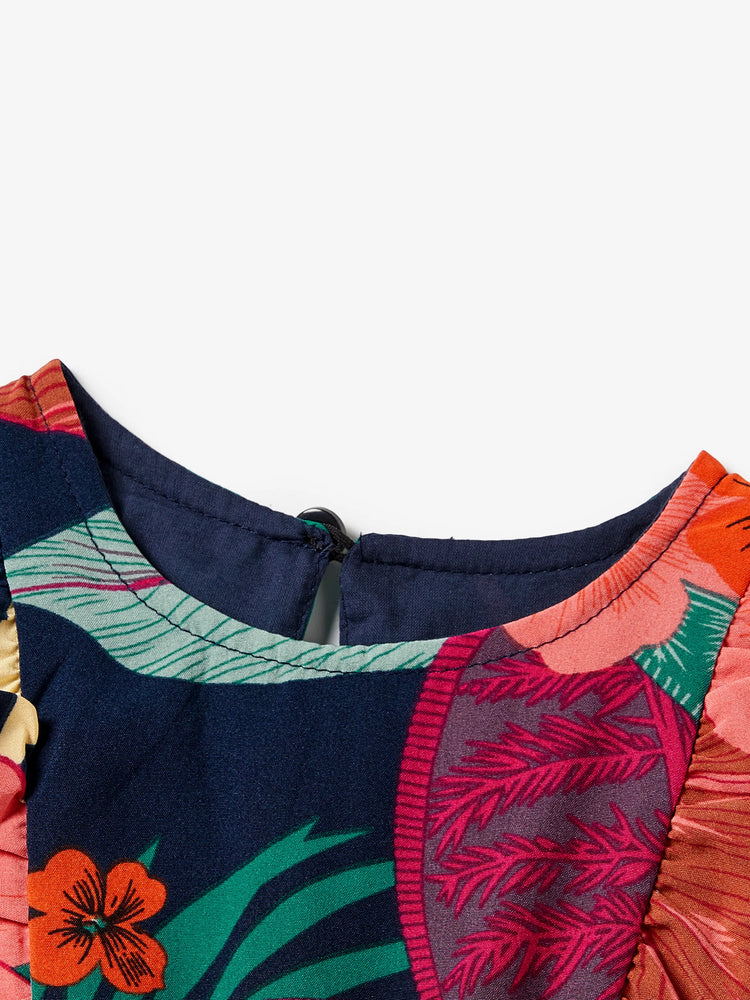 Mommy and Me Family Matching Sets Floral Panel Black tee and V-neck Strap Dress with Hidden Snap  Deep Blue